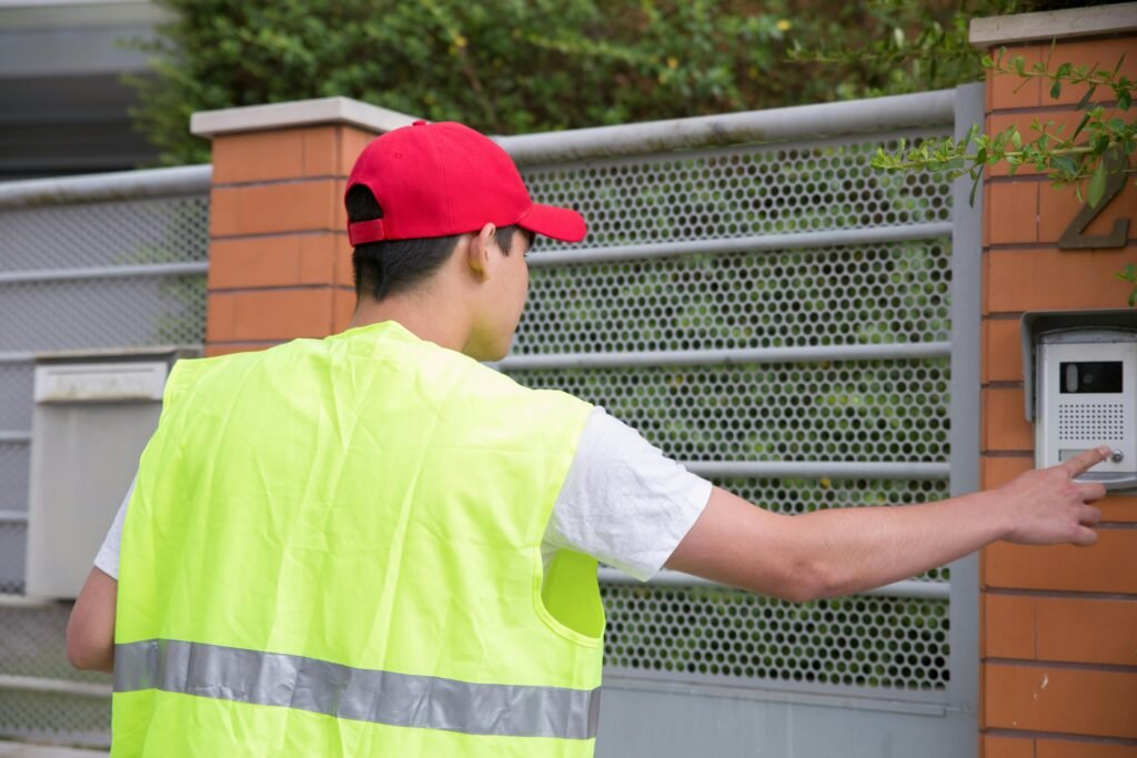 Courier in safety vest rings residence doorbell, view from behind.